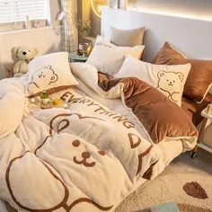 سرویس خواب های مخملی نرم خرس قهوه ای Kawaii برای اتاق خواب اصلی |  ایده های دکوراسیون اتاق خواب راحت
