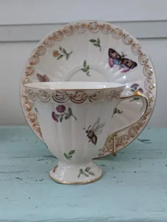 فنجان چای ظریف ظریف چای با زمزمه باغ بشقاب توسط Sky McGhie DragonFlys و Butterflies Tea Set Vintage 90s