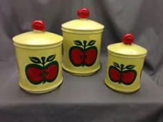 مجموعه قوطی آشپزخانه Enesco Red Apple Yellow Yellow Ceramic Canister Retro |  eBay