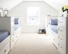 اتاق کودکانه سفید و آبی با تختخواب ساخته شده - کلبه - اتاق پسرانه