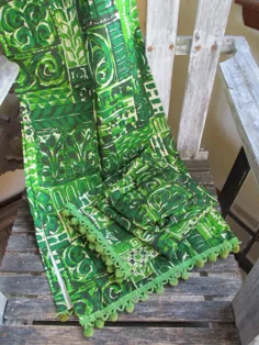 چاپ سبز تیکی به سبک اواسط قرن Drapes پولینزی هاوایی |  اتسی