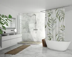 پرده دوش برگهای گرمسیری سبز |  حصیر حمام |  سرویس حمام لوکس و زیبا |  دکوراسیون حمام گل مدرن