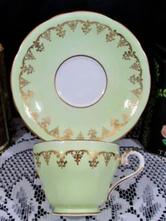 AYNSLEY PINK CABBAGE ROSE FANCY GOLD LIME GREEN TEA CUP و SAUCER