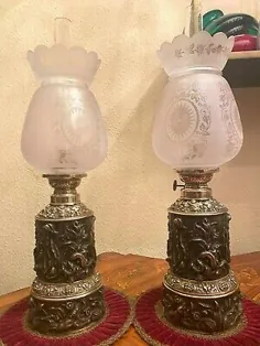 2 لامپ نفتی برنز برنز برنز برنز Breveté SGDG 1870-1900 Antique French