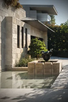 پله های درب جلو استخر پاسیو حیاط خلوت محوطه سازی حاشیه جذاب روکش سنگ طراحی مدرن خانه + دکور
