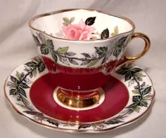 فنجان چای گل رز صورتی ویندزور بورگوندی و استکان لیوان بشقاب 1960 |  اتسی