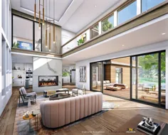 شرکت ساخت و ساز معماری Design-Build در اینستاگرام: “Highland Residence Rendering of Living Room.  آشپزخانه طبقه باز ، نیمه خصوصی است و دارای شومینه دو طرفه است.  اتاق بالای "