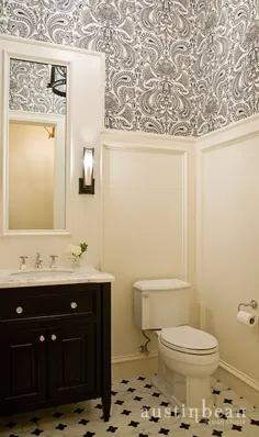 کاغذ دیواری داماسک سیاه و سفید - سنتی - حمام - استودیوی طراحی لوبیا آستین