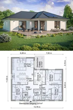 Bungalow Haus modern Grundriss mit Walmdach Architektur & 5 Zimmer - Winkelbunga... - Architecture Diy