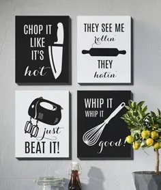 مجموعه چاپ دیواری آشپزخانه از 4 قطعه - نقل قول های موسیقی رپ - مینیمال دیواری خنده دار سیاه و سفید - ارسال رایگان