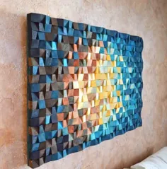 Das Universum - Holz-Wand-Kunst in Marine blau gelb orange braun، Holz-Mosaik-Skulptur ، abstrakte Malerei auf Holz، 3 d Wand-Kunst-Dekor