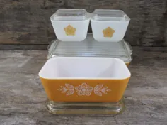 ظرف های یخچال و فریزر Vintage Pyrex با طلا پروانه ای ، مجموعه کامل