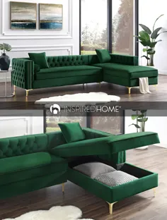 چپ یا راست روبرو صندلی صندلی مبل با فضای ذخیره سازی |  پاهای فلزی سبز مخملی و طلای مدرن