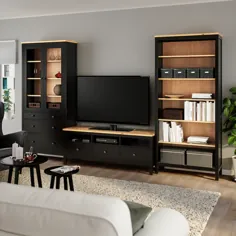 ترکیب ذخیره سازی تلویزیون HEMNES ، قهوه ای سیاه ، شیشه شفاف قهوه ای روشن ، 128 3 / 8x77 1/2 "- IKEA