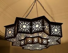 لوستر چراغ لامپ ثابت سقفی پایان برنجی عتیقه دست ساز مراکش