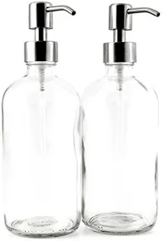 بطری های گرد شیشه ای بوستون شفاف شیشه ای 16 اونس با پمپ های استیل (2 بسته) ، تلگراف صابون مناسب برای روغن های اساسی ، لوسیون ها ، صابون های مایع