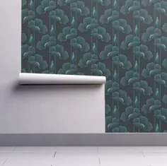 Floral Wallpaper Art Deco Poppies Teal By J9design |  اتسی