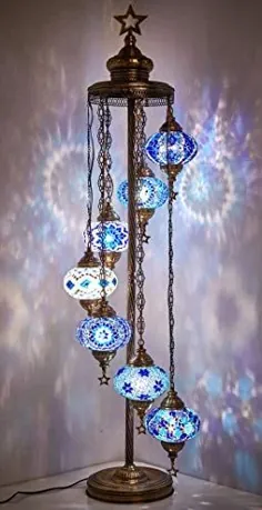 DEMMEX - 7 بزرگ گلوب لامپ کف موزاییکی ترکی مراکشی ، چراغ کف موزاییک Bohemian Boho Tiffany با پلاگین و سوکت آمریکای شمالی ، 5 '(مخلوط آبی)