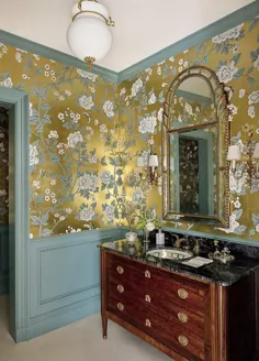LoveAffairsWithHouse_Bnyny-Williams-gold-gilt-metallic-wallpaper-powderroom-powder-room-sconces-antique-sink-cabinet-ideas - The Glam Pad