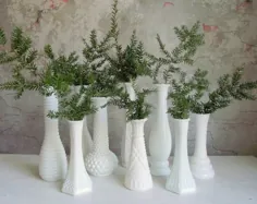 مجموعه گلدان های شیشه ای شیر ، مجموعه 9 گلدان گلدان یا شمع ، Vintage White Holiday