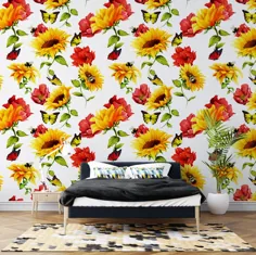 کاغذ دیواری گل- کاغذ دیواری آفتابگردان- قابل جابجایی- خود چسب- نقاشی دیواری دیواری آفتابگردان- پوست و چوب- اتاق نشیمن- اتاق خواب- اتاق ناهار خوری