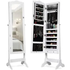 کابینت سازنده Armoire جواهرات مستقل Costway White Mirrored با کشو و چراغ های هدایت شده-HW58852WH - انبار خانه