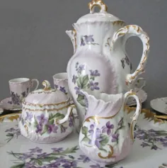 مجموعه آنتیک LIMOGES HP Porcelain TEA Pot VIOLETS 16 "Tray S + C + 6 Cup + Soscers | # 1885636677