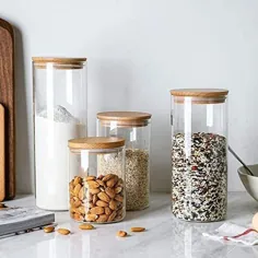 Amazon.com: ظروف شیشه ای ذخیره مواد غذایی شیشه ای RORA با درب های بامبو هوا بند 5 شیشه آشپزخانه