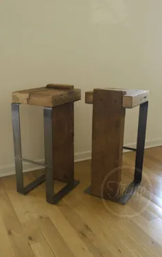 چهارپایه روستیک  چوب اصلاح شده  چهارپایه فلزی  چهارپایه نوار صنعتی.  چهارپایه بار آشپزخانه.  صندلی چوبی  مبلمان صنعتی