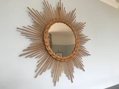 آینه آفتابگیر بامبو Rattan بافته شده از قرن میانه دهه 1950 Boho Chic |  Vinterior