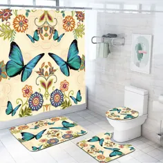لیست جدید 4/3 / 1pc Hippie Retro Butterfly حمام دوش پرده ضد لغزش حصیر توالت حمام