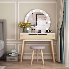 Tribesigns مجموعه غرور با آینه روشن دور ، میز آرایش چوبی میز آراسته میز کمد با 2 کشو و چهارپایه بالشتک برای اتاق خواب (سفید) - Walmart.com
