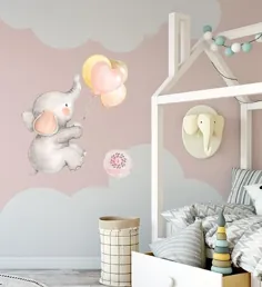 Boho Elephant Balloons Watercolor Wall Decal Sticker Heart Baby Nursery Art Decor - عنوان پیش فرض
