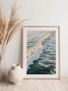 Boho قابل چاپ وال آرت ، موج ساحلی در کالیفرنیا در غروب آفتاب.  دکوراسیون دیوار بوهو