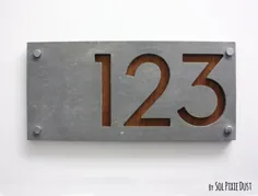 Moderne Hausnummern، Rechteck Beton mit Marine Sperrholz - zeitgenössische Wohnadresse - پلاک Zeichen - Türnummer