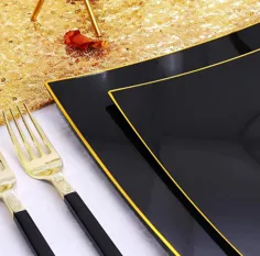 صفحات پلاستیکی NERVURE - صفحات پلاستیکی مشکی با طرح حاشیه طلا یکبار مصرف عروسی میهمانی شامل 51 بشقاب پلاستیکی شام 10.25 اینچ ، 51 بشقاب سالاد / دسر 7.5 اینچ