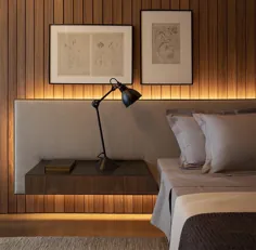 ایده طراحی اتاق خواب - یک سر تخت فوق العاده گسترده با میزهای تخت خواب شناور