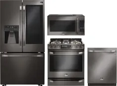 LG LGRERADWMW9339 4 قطعه لوازم آشپزخانه با یخچال درب فرانسه ، محدوده گاز ، ماشین ظرفشویی و مایکروویو بیش از حد در فولاد ضد زنگ سیاه