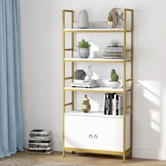 قفسه کتاب طلایی درب دار ، قفسه کتاب استاندارد 4 طبقه سفید Etagere با کابینت ذخیره سازی
