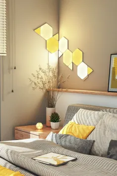 Pantone 2021 اتاق خواب طراحی داخلی گرایش نهایی خاکستری و نور زرد با اشکال Nanoleaf