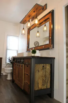Rustic Light Industrial Light - Steel and Barn Wood Vanity Light (Cage Shade) w / Bulbs # L1303