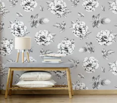 کاغذ دیواری گل خاکستری کاغذ دیواری خود چسب vintage wall |  اتسی