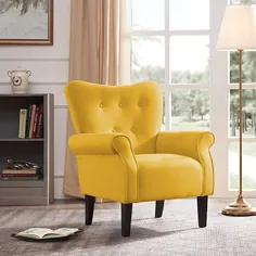 صندلی مدرن لهجه ای BELLEZE رول بازو کتانی اتاق نشیمن اتاق خواب پایه چوبی (زرد رنگ)
