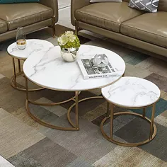 میزهای قهوه اتاق نشیمن از 3 میز ، میزهای تو در تو گرد با پایه سنگ مرمر سفید و فلز طلا ، لانه 3