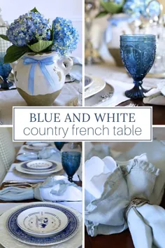 یک میز فرانسوی کشور با صفحات آبی و سفید