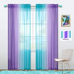 KOUFALL Ombre Design 2 Teal Purple Perde 84 اینچ طول اتاق خواب برای دختران ست اتاق خواب 2 تابلو جیب Voile پنجره شفاف Drape Gradient پرده پری دریایی برای کودکان دکوراسیون اتاق اتاق نشیمن بلند یاسی بنفش