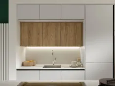 آشپزخانه Scandi بدون دستگیره با کابینت سفید و چوبی