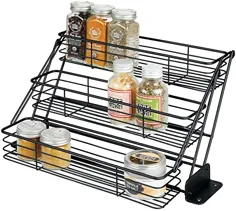 mDesign Modern Metal 3-Tier Pull Down Spice Rack - آسان برای رسیدن به ظرفیت جمع شده آشپزخانه ذخیره سازی قفسه برای کابینت و انبار ، نگهدارنده شیشه های ادویه ، بطری ها ، شیکرها - سیاه