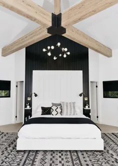 دکوراسیون اتاق خواب لوکس سیاه و سفید با تختخواب سفارشی چوبی شانلی بلند و مخملی سفید