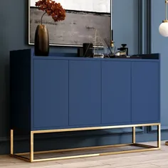 کابینت کناری تخته آشپزخانه بوفه سفید / آبی مدرن 48 "با 4 در طلایی